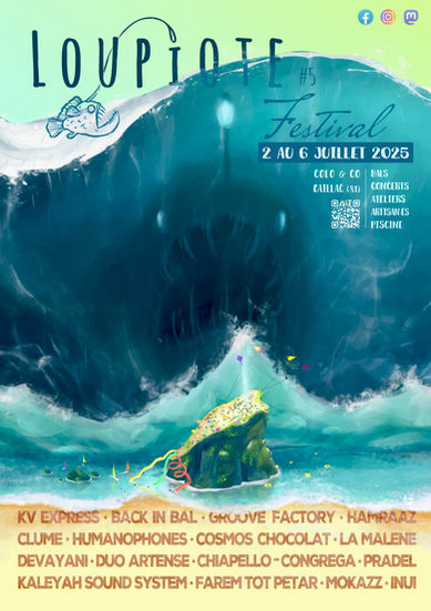 Affiche Loupiote Festival vague poisson baudroie abysses île mer raz-de-marée submerger profondeurs danger festival tarn illustration Enora Loffet manger geyser fête
