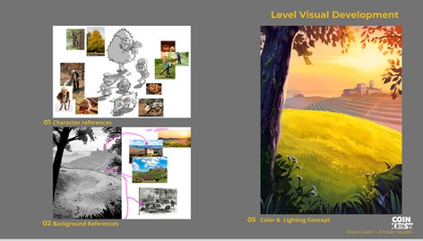 Coin Heist visual development sheet showing reference research, composition sketches, and the final color and lighting concept for an Italian countryside level.