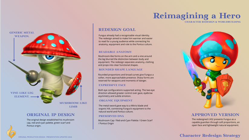 Fungus character redesign comparison showing the original one-eyed IP design and the approved two-eyed Level 2 hero with organic equipment.