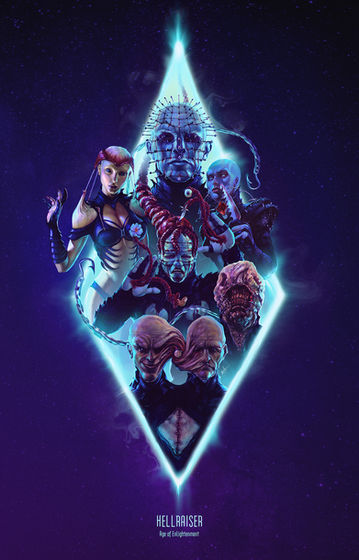 Illustration based on the Hellraiser Universe featuring the Pinhead, Female Cenobite, Dr. Channard, Chatterer, Angelique and the Siamese Cenobite.