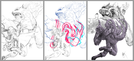 Artificial poster development sheet showing the composition sketch, revision notes, and detailed pencil rendering of monsters pursuing a human character.