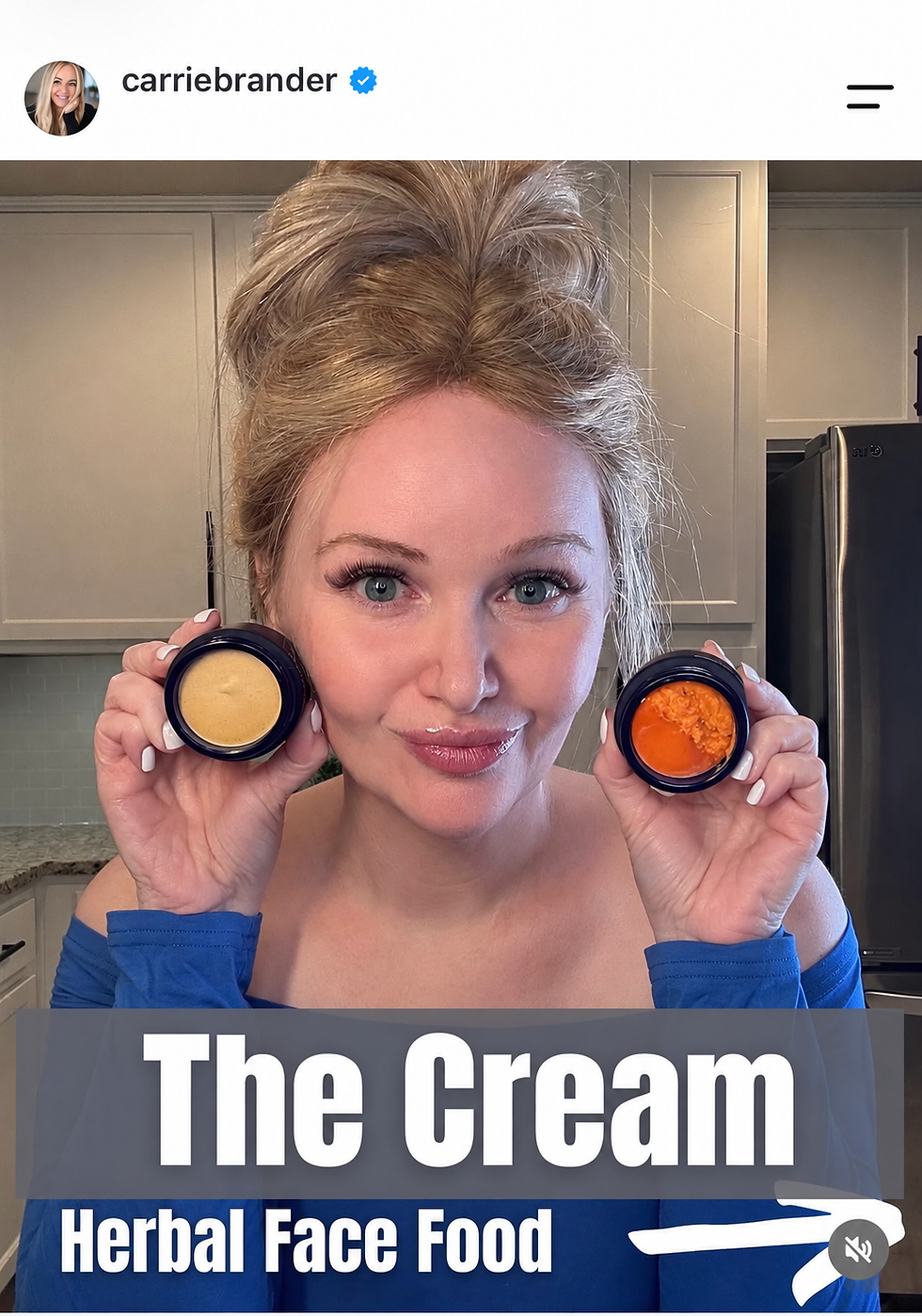 Carrie Brander holding tinted and untinted jars of Herbal Face Food The Cream