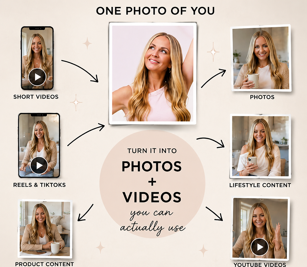Infographic showing how one photo can be turned into AI-generated photos, videos, reels, TikToks, and social media content without filming