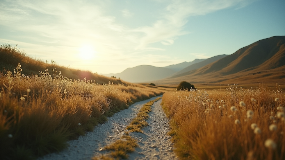 Eye-level view of a serene landscape with a winding path