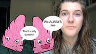Rebekah next to two cartoon brain lobes. The left one has a talk bubble that says, "That's a silly question." The right one says, "We ALWAYS see."