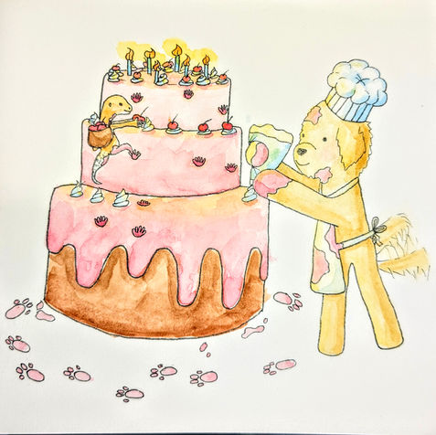 Arlo and Doug icing a birthday cake - watercolour