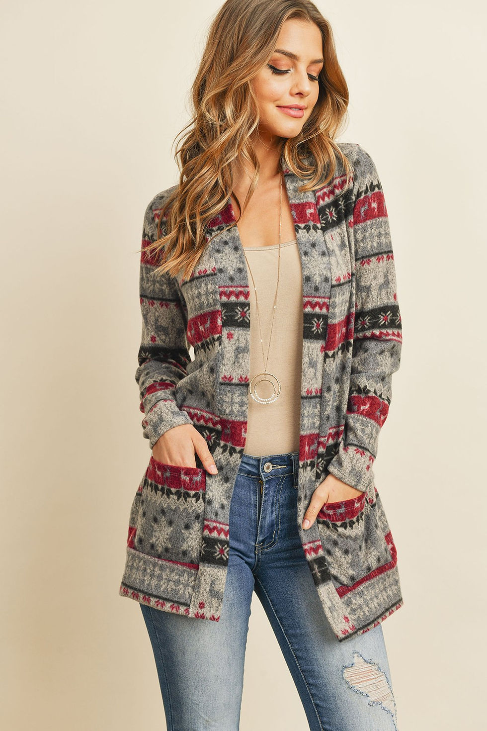 Miniature : Boho Print Long Sleeved Front Pocket Open Cardigan