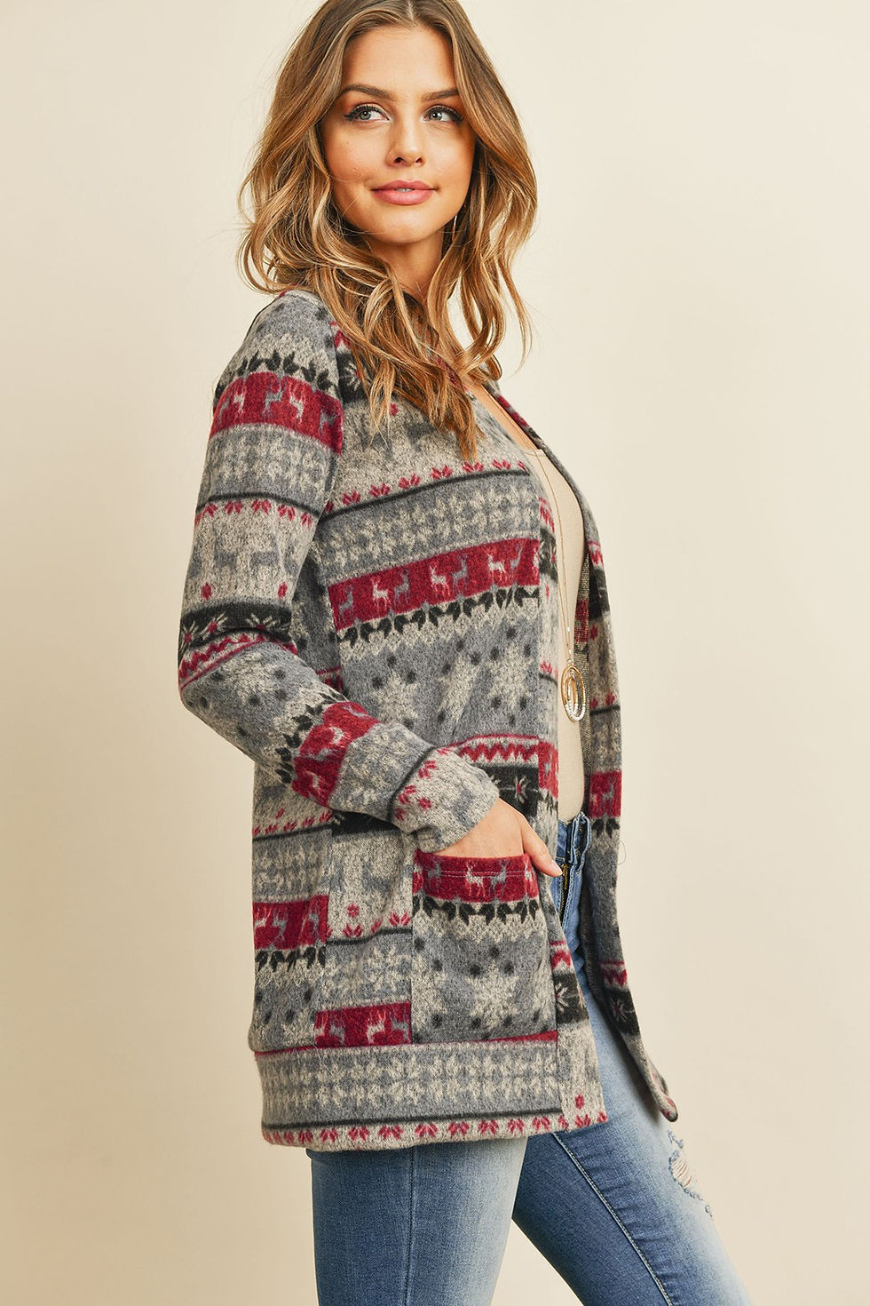 Miniature : Boho Print Long Sleeved Front Pocket Open Cardigan