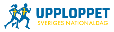 UppLoppet logotyp av en kvinnlig och en manlig löpare med sverige flagga som t-shirt.