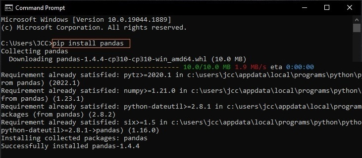 install library package in python, pip install pandas