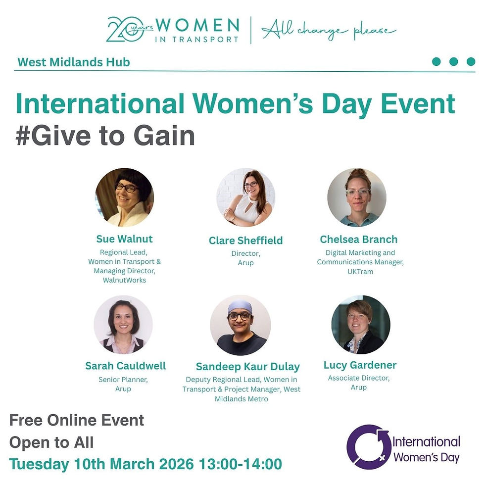 Women in Transport will host an online event on 10th March to mark International Women's Day, bringing together professionals from across the transport sector to share career experiences and advice. The session will take place between 13:00 and 14:00 on Zoom and will feature speakers from organisations including Arup, West Midlands Metro and UKTram.