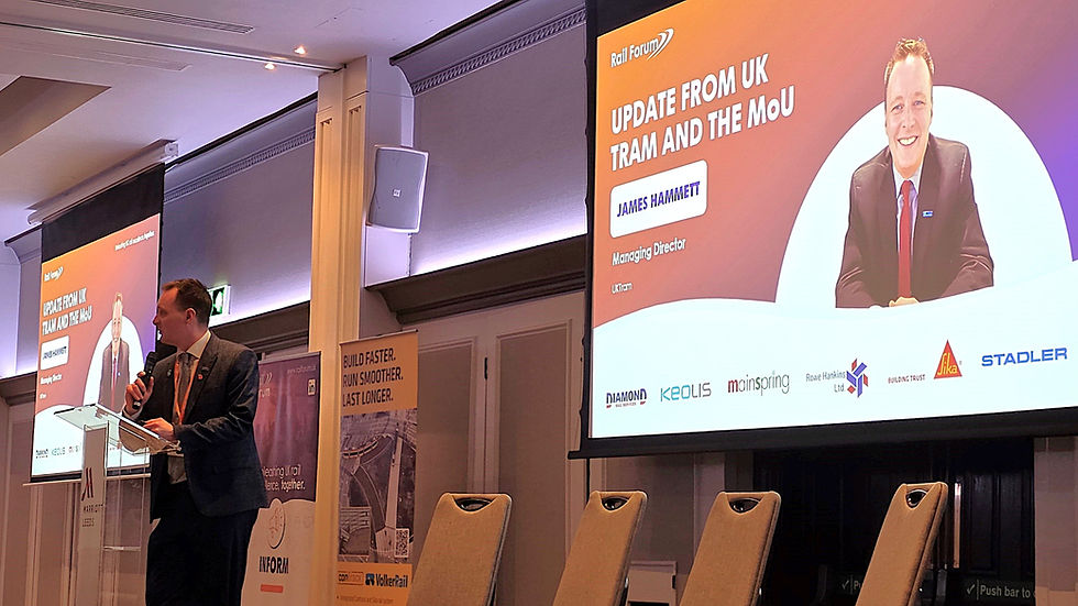 James Hammett, Managing Director of UKTram on stage for the Focus on Light Rail event in Leeds