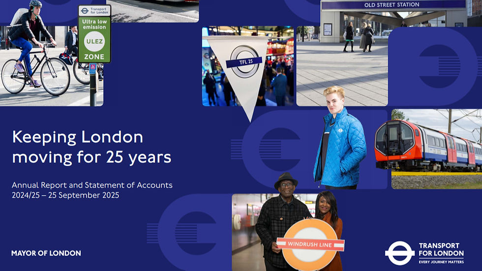 TfL Annual Report Cover, showing a cyclist a sign reading ''Ultra Low Emission Zone'' A banner flag with the TFL 25 logo, Docklands light Railway, Windrush Lane Sign and Text that reads Keeping London Moving for 25 years.''