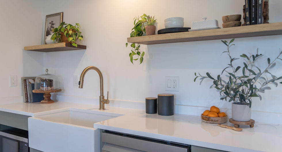 Farm sink for washing in basement kitchen.
