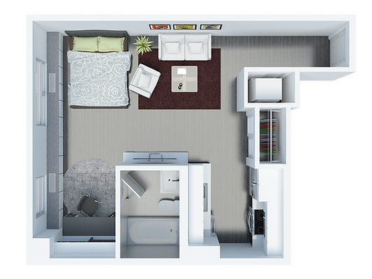 Rendering of a studio suite layout birdseye view