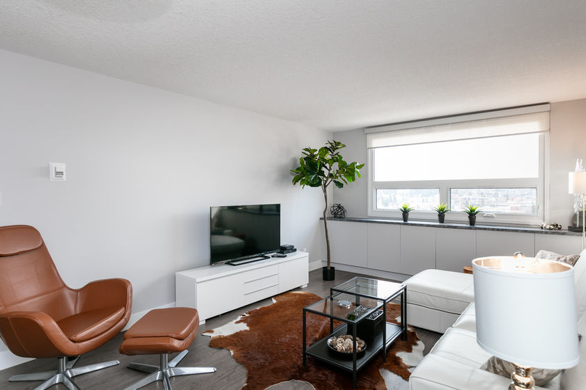 MISSAO living room with plant and brown leather chair