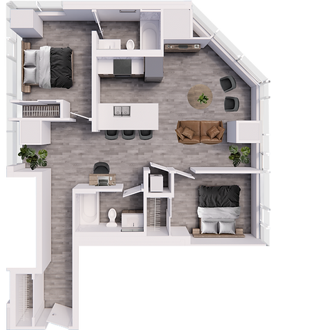 One01 two-bedroom floorplan at 101 - 6th Avenue SW, featuring a modern, open-concept layout designed for relaxation and conne