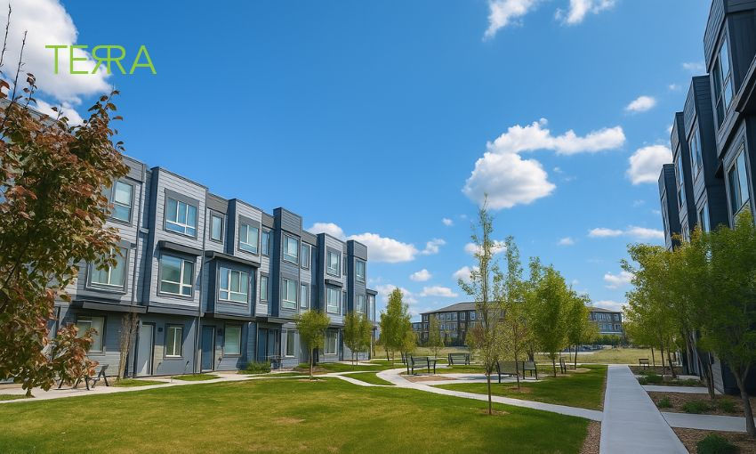 Eye-level view of modern townhome exterior with clean lines and landscaped front yard
