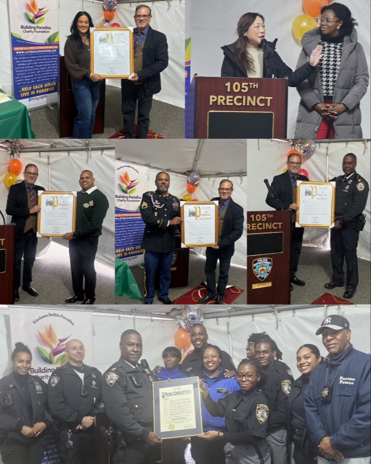 Eye-level view of decorated dining tables set for Thanksgiving dinner at 105th Precinct
