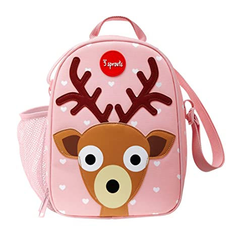 3 Sprouts Insulated Lunch Bag for Kids - Reusable Tote with Shoulder Strap, Handle and Pockets, Deer