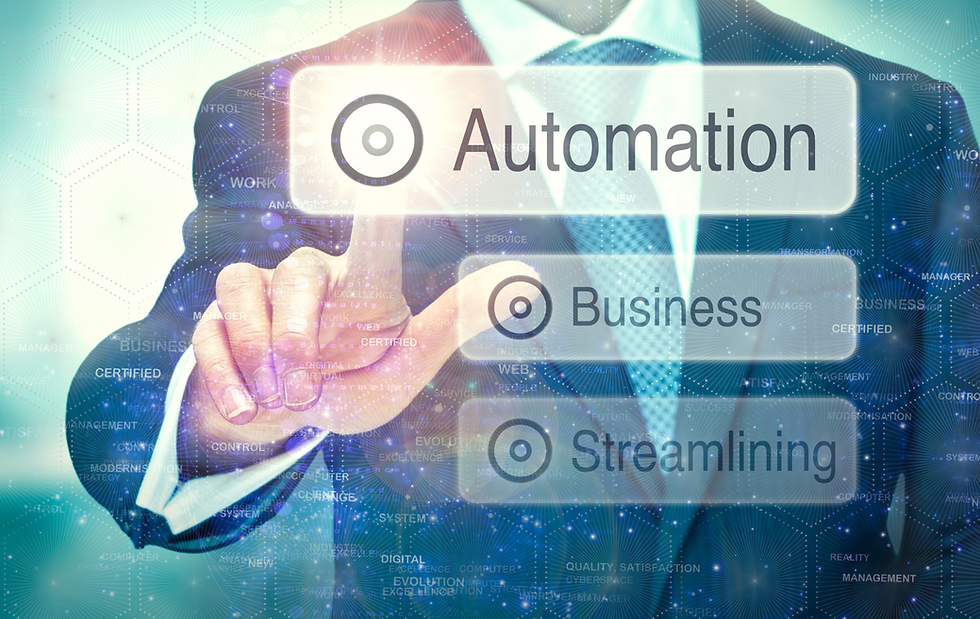 Businessperson in a suit presses holographic buttons labeled Automation, Business, Streamlining. Background has digital patterns and hexagons.