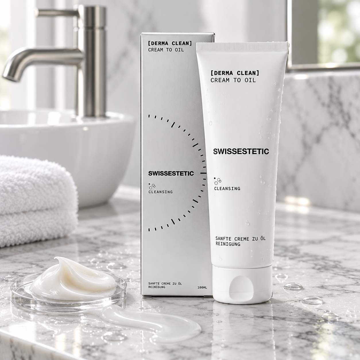 DERMA CLEAN CREAM TO OIL von swissestetic mit Produktverpackung im Badezimmer