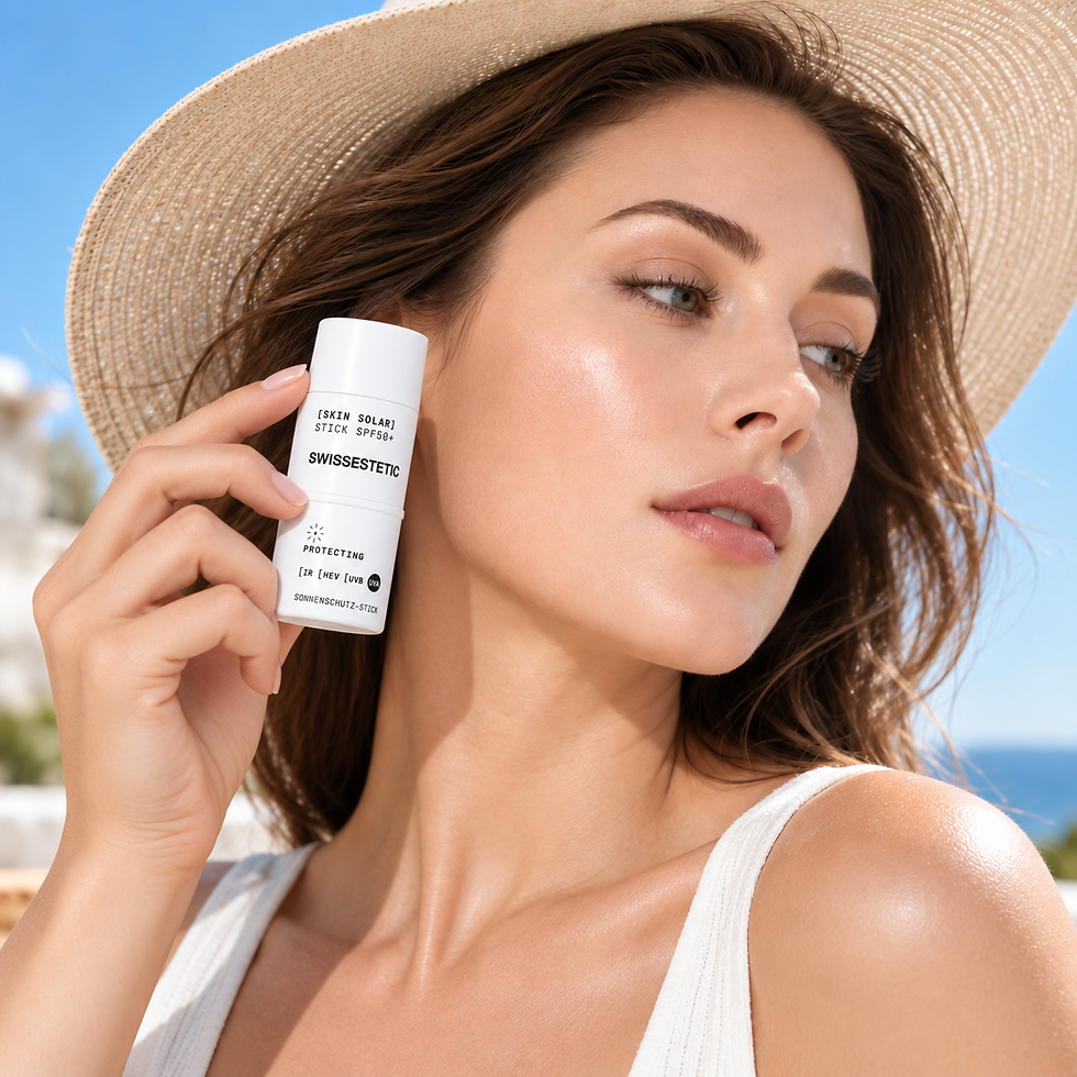 Frau am Strand mit Sonnenhut verwendet den SKIN SOLAR STICK SPF50+ Sonnenschutz-Stick von swissestetic 