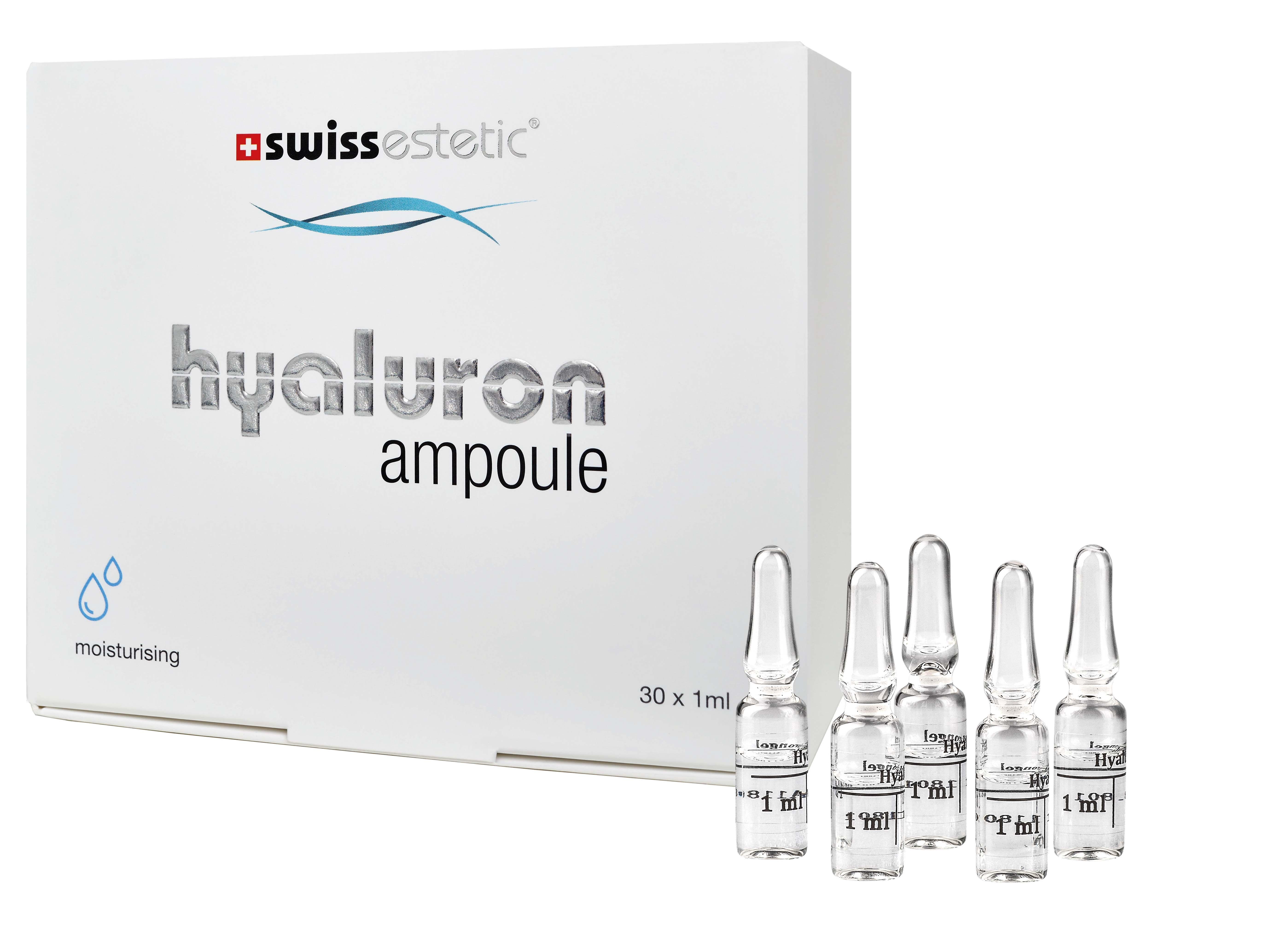 HYALURON AMPOULE Feuchtigkeitskonzentrat von swissestetic mit Produktverpackung