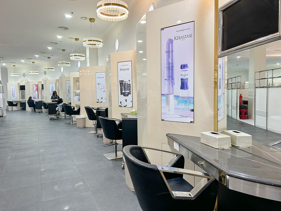 Hairdressing stations neatly lined up, showcasing a professional and organized salon setup