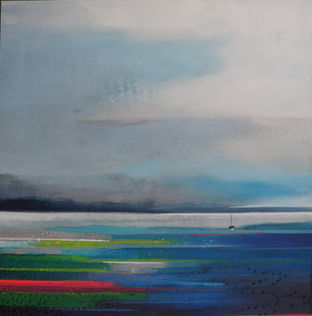 Peinture abstraite contemporaine d’Annie Labbé, artiste canadienne, représentant un paysage atmosphérique avec un grand ciel nuageux en dégradés de blanc et de bleu, surplombant une terre colorée aux touches vives d’orange, de rouge et de vert. Œuvre moderne évoquant la rêverie, l’horizon et la poésie des grands espaces.
Contemporary abstract painting by Canadian artist Annie Labbé featuring an atmospheric landscape with a vast clouded sky in soft whites and blues above vibrant streaks of orange, red, and green. A modern, dreamlike horizon scene blending expressive color and expansive space.