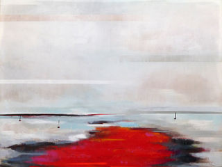 Peinture abstraite contemporaine d’Annie Labbé, artiste canadienne, représentant un paysage minimaliste avec un vaste ciel pâle en tons de beige, gris et bleu. À l’horizon, de petites embarcations flottent au-dessus d’une eau calme. Au premier plan, une large zone vibrante de rouge, orange et rose dynamise la composition. Œuvre moderne inspirée par la nature, la lumière et la poésie des grands espaces. Contemporary abstract painting by Canadian artist Annie Labbé featuring a minimalist landscape with a soft pale sky in beige, grey, and blue tones. Small boats float along a calm horizon. In the foreground, a vibrant expanse of red, orange, and pink adds bold energy. A modern, nature-inspired artwork evoking light, atmosphere, and expansive open space.