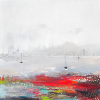 Peinture abstraite contemporaine d’Annie Labbé, artiste canadienne, représentant un paysage minimaliste baigné d’une lumière pâle et diffuse. À l’horizon, des esquisses de structures et de petites embarcations flottent dans une atmosphère brumeuse. Au premier plan, des touches vibrantes de rouge, turquoise, vert et jaune dynamisent la composition. Œuvre moderne inspirée par la nature, les textures et la poésie des grands espaces. Contemporary abstract painting by Canadian artist Annie Labbé featuring a minimalist landscape bathed in soft, diffused light. Faint structural lines and small boats appear along a misty horizon, while the foreground is energized by vibrant strokes of red, turquoise, green, and yellow. A modern, nature-inspired artwork evoking texture, atmosphere, and expansive open space.