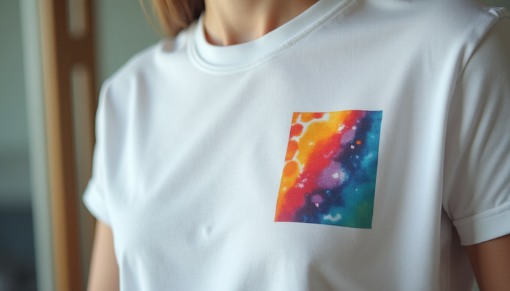 Vue rapprochée d'un t-shirt blanc avec un motif coloré imprimé en haute qualité