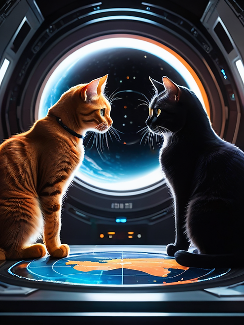 two cats, one orange and one black, on a space station looking a holographic map and space