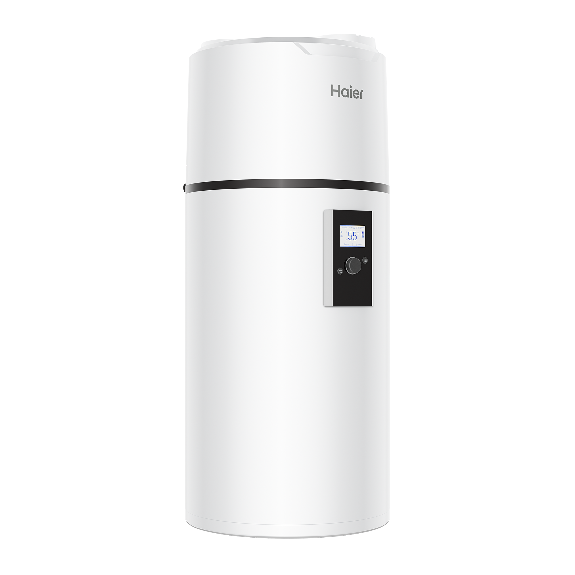 White Haier heat pump with digital display, efficient heating system solution.