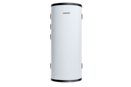 Vaillant Arotherm 45 Litre Buffer Vessel. White cylinder, black details, Vaillant logo visible.