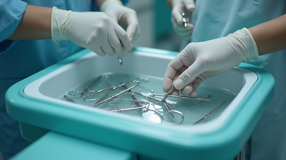 Close-up of dental equipment in a sterilization tray
