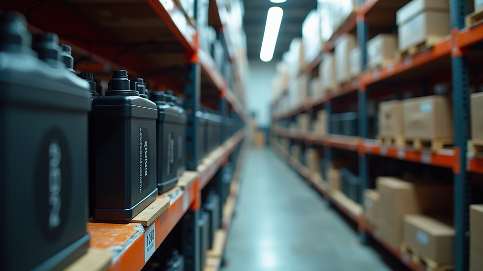 Eye-level view of a warehouse shelf filled with various battery packs