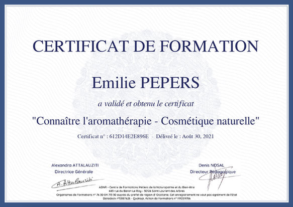 Certificat de formation aromathérapie cosmétique naturelle  emilie pepers naturopathe  lannion
