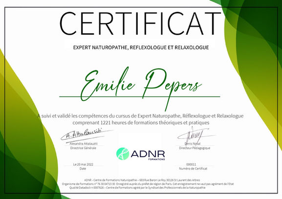 certificat formation naturopathe réflexologue relaxologue emilie pepers lannion