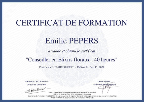 Certificat de formation en conseiller en elixirs floraux d'Emilie Pepers de Lannion