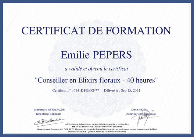 Certificat de formation en conseiller en elixirs floraux d'Emilie Pepers de Lannion