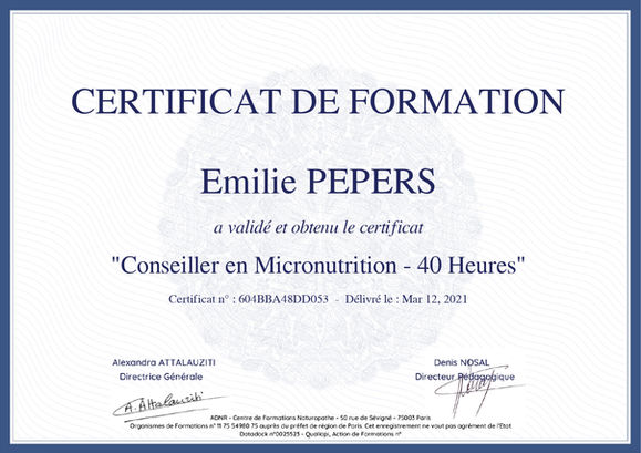 Certificat de formation Conseiller en Micronutrition Emilie Pepers à Lannion
