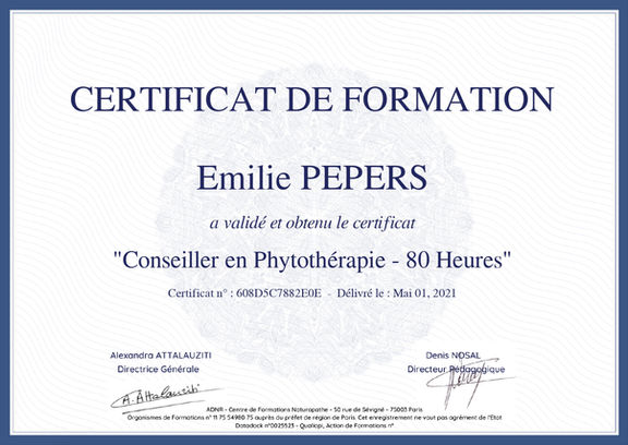 Certificat de formation en conseiller en Micronutrition d'Emilie Pepers à Lannion