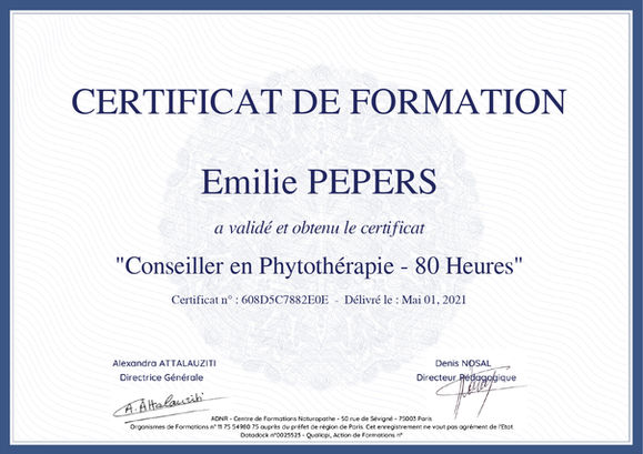 Certificat de formation en conseiller en Micronutrition d'Emilie Pepers à Lannion