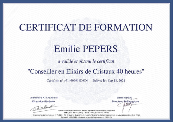 Certificat de formation en conseiller en elixir de cristaux d'Emilie Pepers de Lannion