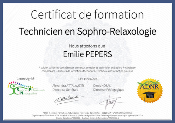 certificat formation technicien en sophro relaxologie Emilie pepers naturopathe relaxation lannion