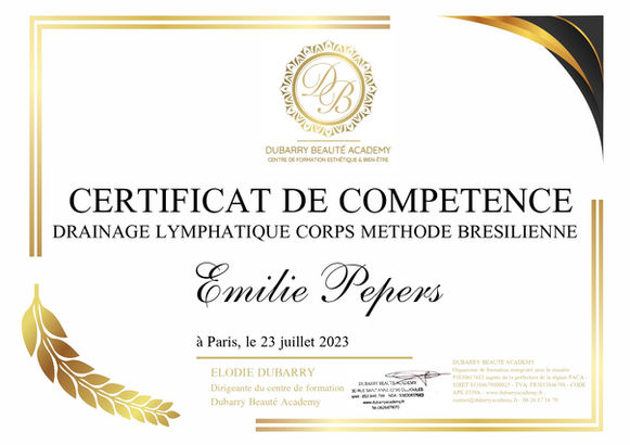 certificat de compétence en drainage lymphatique corps méthode brésilienne d'Emilie Pepers à Lannion