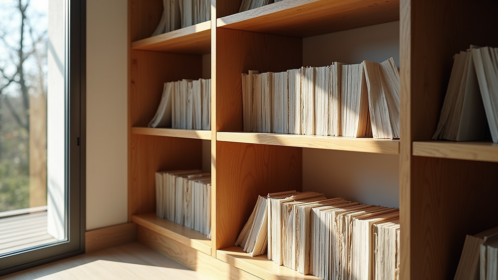 Eye-level view of a custom-built wooden bookshelf fitted into a corner