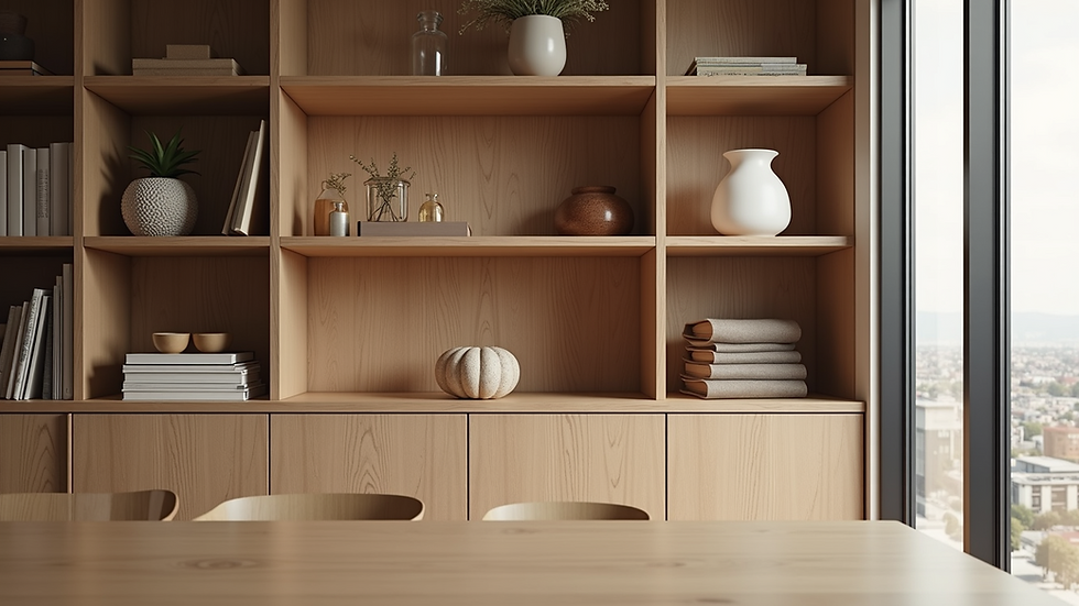 Eye-level view of a custom wooden shelving unit fitted into a corner space